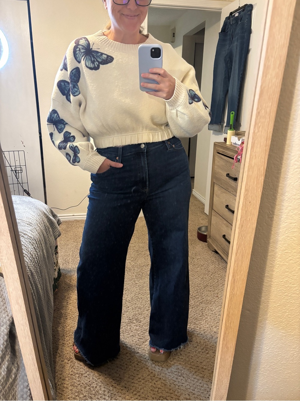 Butterfly Long Sleeve Crew Sweater-Cream with Blue Butterflies-Size Medium - Picture 13 of 13